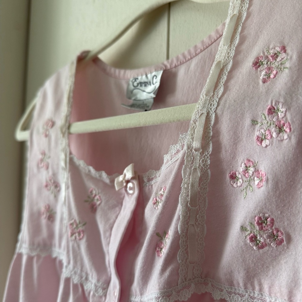 Vintage CottageCore Pajama Set Pink Embroidered Lace Bow Ribbon Coquette - Picture 4 of 8